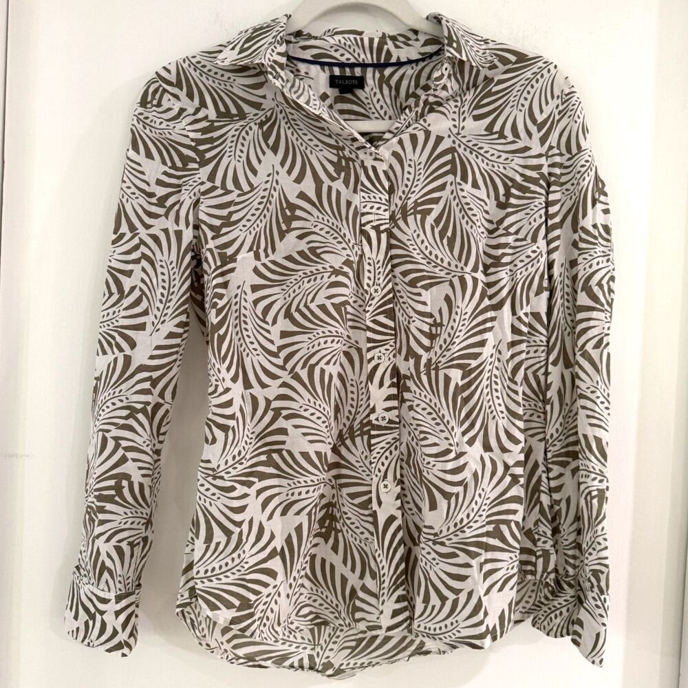 Talbots Women's Extra Small White & Green Classic Cotton Shirt Leaf Print Casual